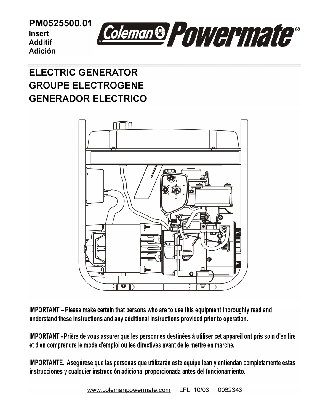 Powermate PM0525500.01 manual Electric Generator Groupe Electrogene, Generador Electrico, Insert Additif Adición 