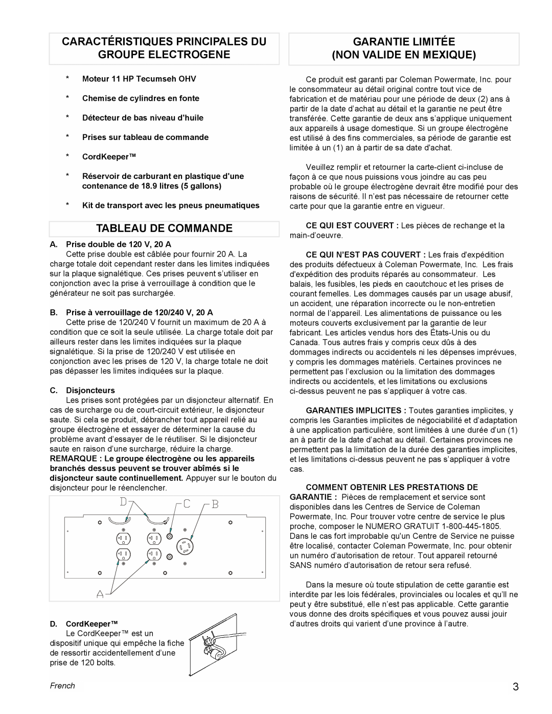 Powermate PM0525500.01 manual Caractéristiques Principales Du, Groupe Electrogene, Tableau De Commande, French 