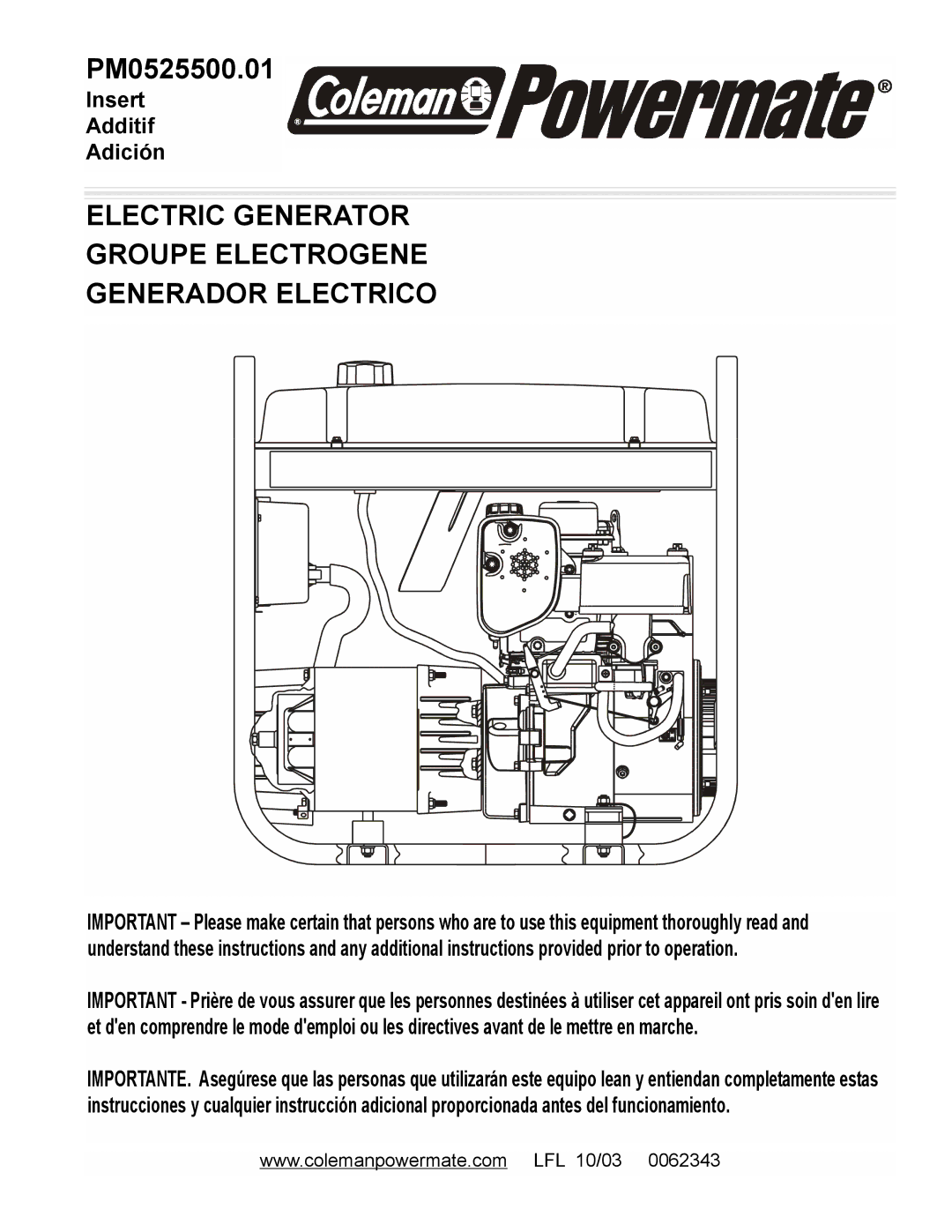 Powermate PM0525500.01 manual Electric Generator Groupe Electrogene Generador Electrico 