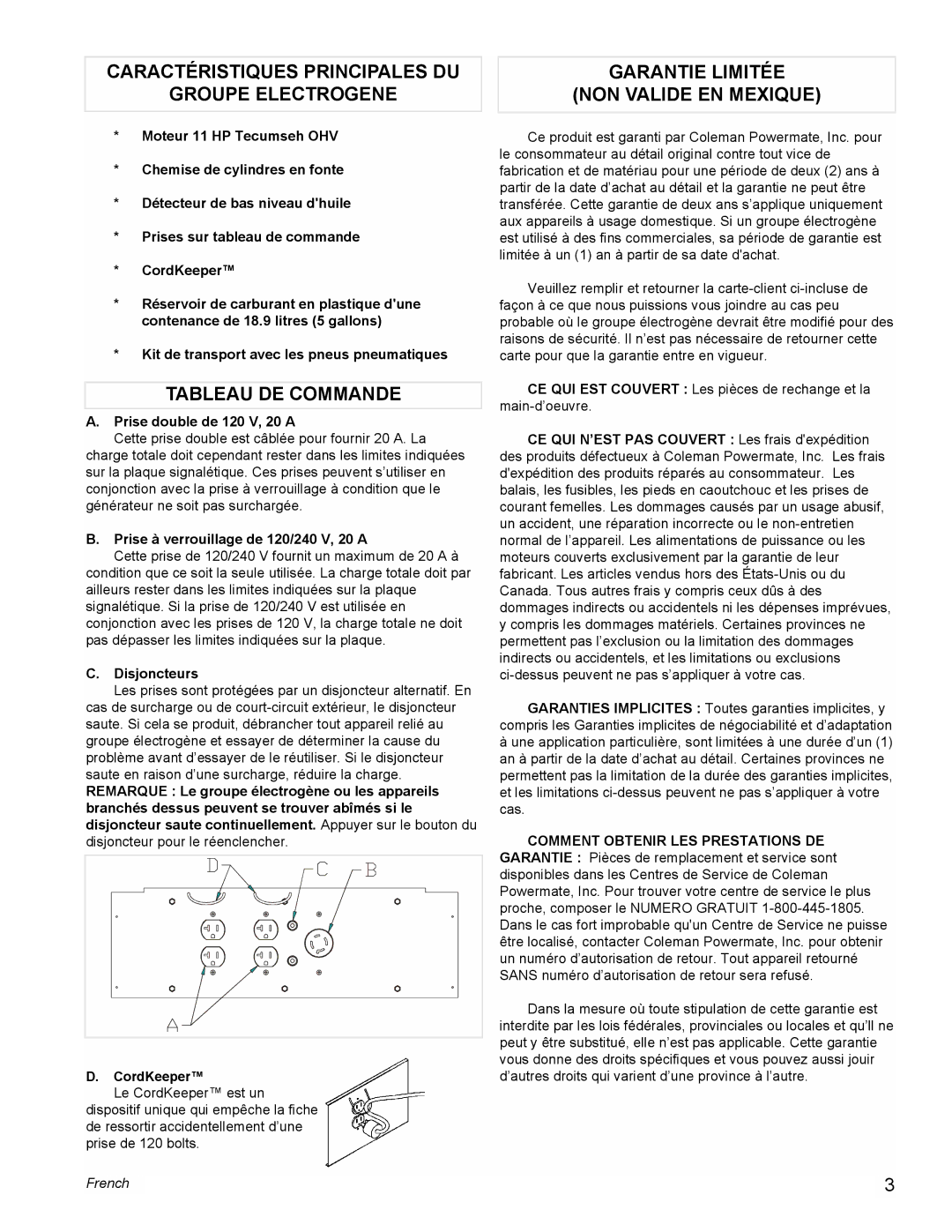 Powermate PM0525500.01 manual Caractéristiques Principales DU Groupe Electrogene, Tableau DE Commande 