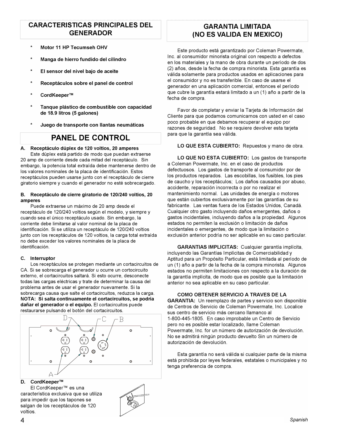 Powermate PM0525500.01 Caracteristicas Principales DEL Generador, Garantia Limitada No ES Valida EN Mexico, Interruptor 