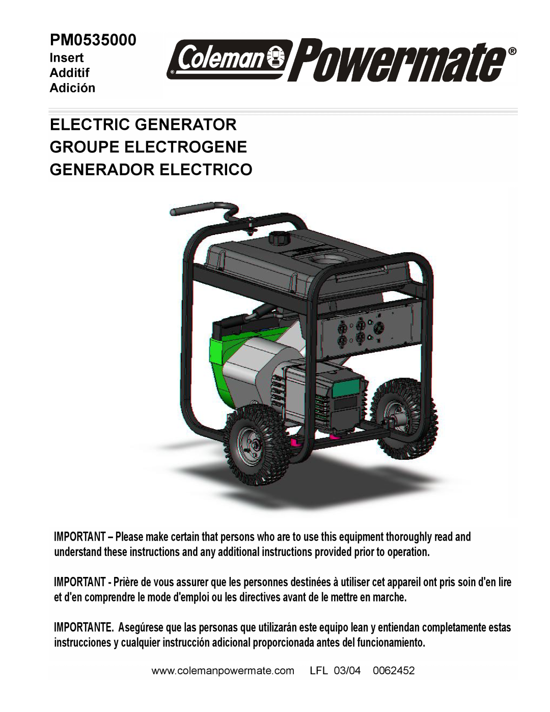 Powermate PM0535000 manual Electric Generator Groupe Electrogene, Generador Electrico, Insert Additif Adición 