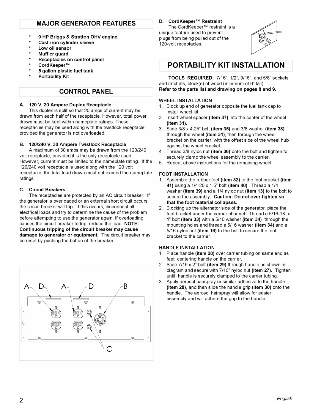 Powermate PM0535000 manual Portability KIT Installation, Major Generator Features, Control Panel 