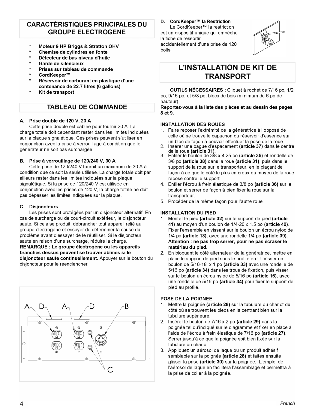 Powermate PM0535000 manual Linstallation DE KIT DE Transport, Caractéristiques Principales DU Groupe Electrogene 