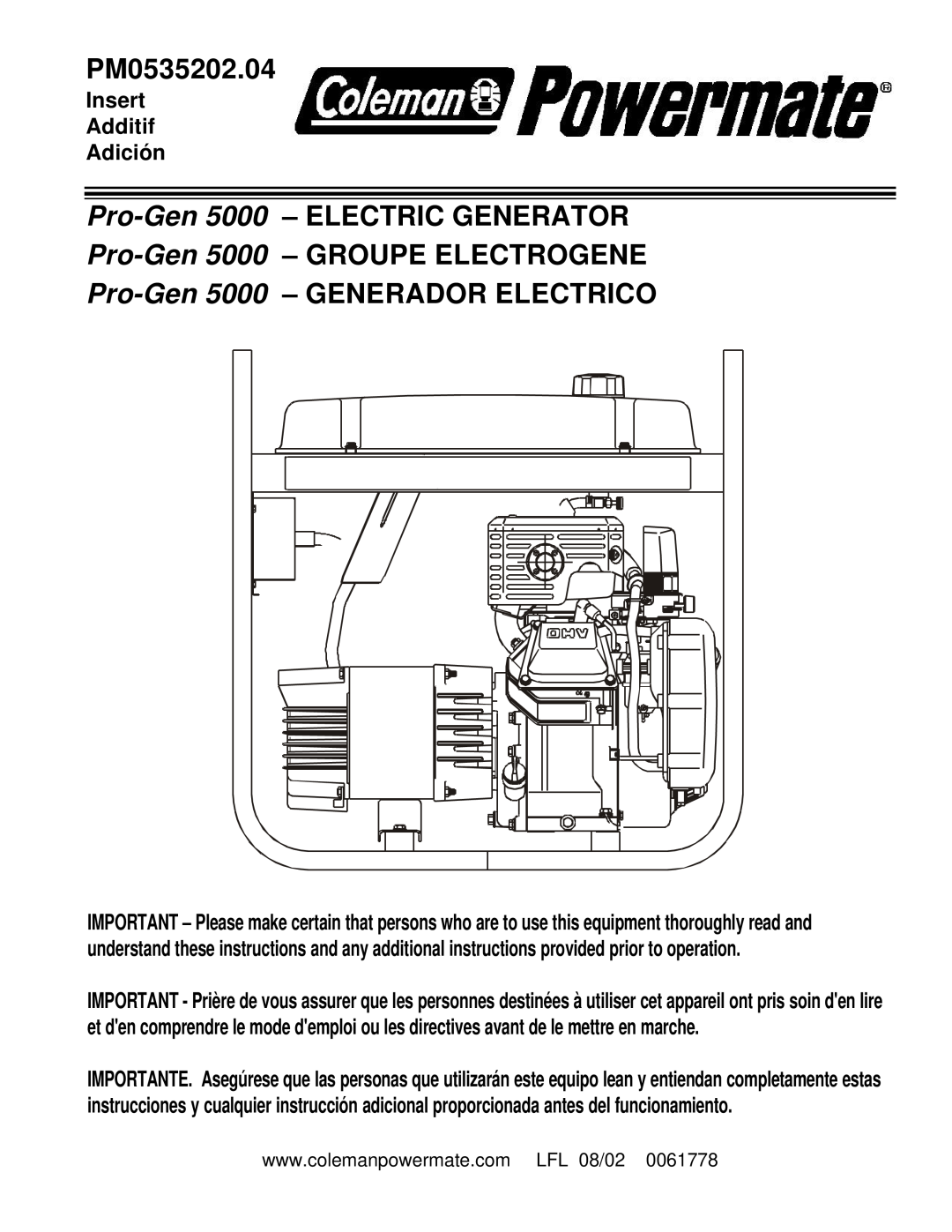 Powermate PM0535202.04 manual Pro-Gen5000 - ELECTRIC GENERATOR, Pro-Gen5000 - GROUPE ELECTROGENE, Insert Additif Adición 