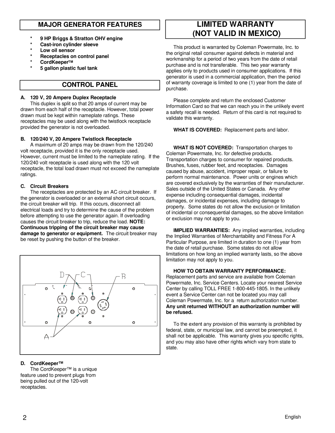 Powermate PM0535202.04 manual Limited Warranty not Valid in Mexico, Major Generator Features, Control Panel 
