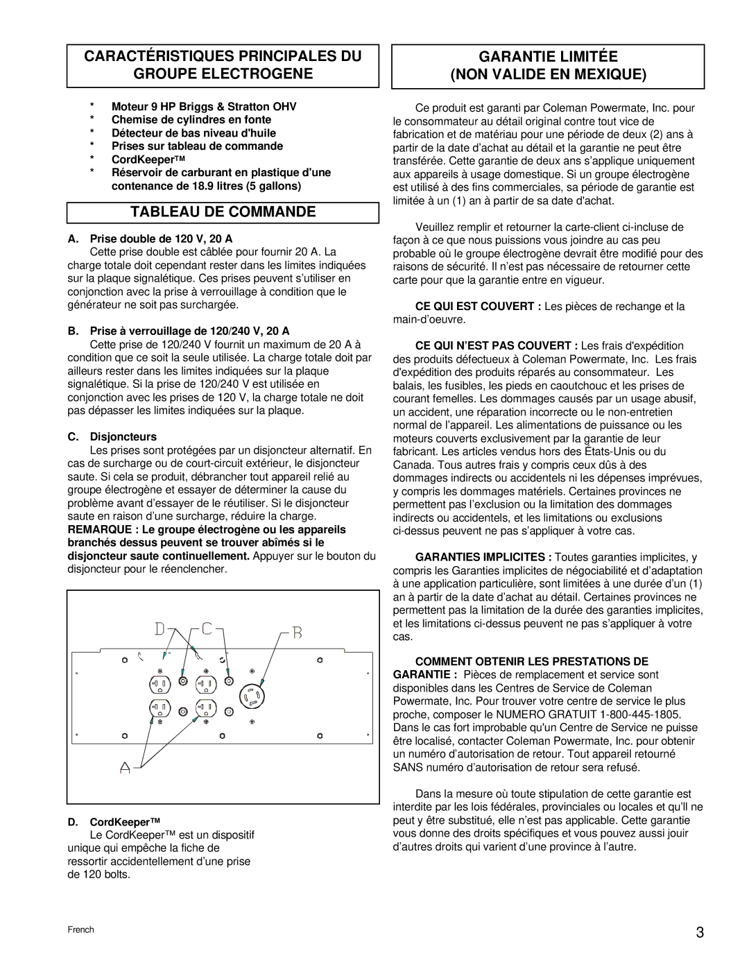 Powermate PM0535202.04 manual Caractéristiques Principales DU Garantie Limitée, NON Valide EN Mexique, Tableau DE Commande 