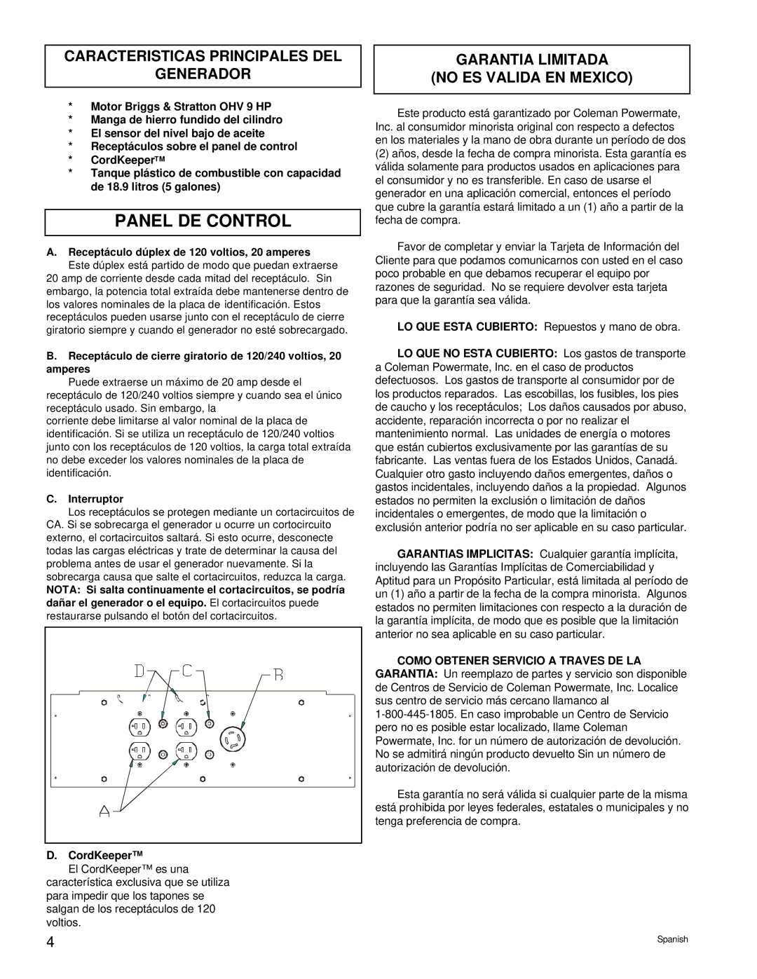 Powermate PM0535202.04 manual Panel DE Control, Caracteristicas Principales DEL Generador, Interruptor 