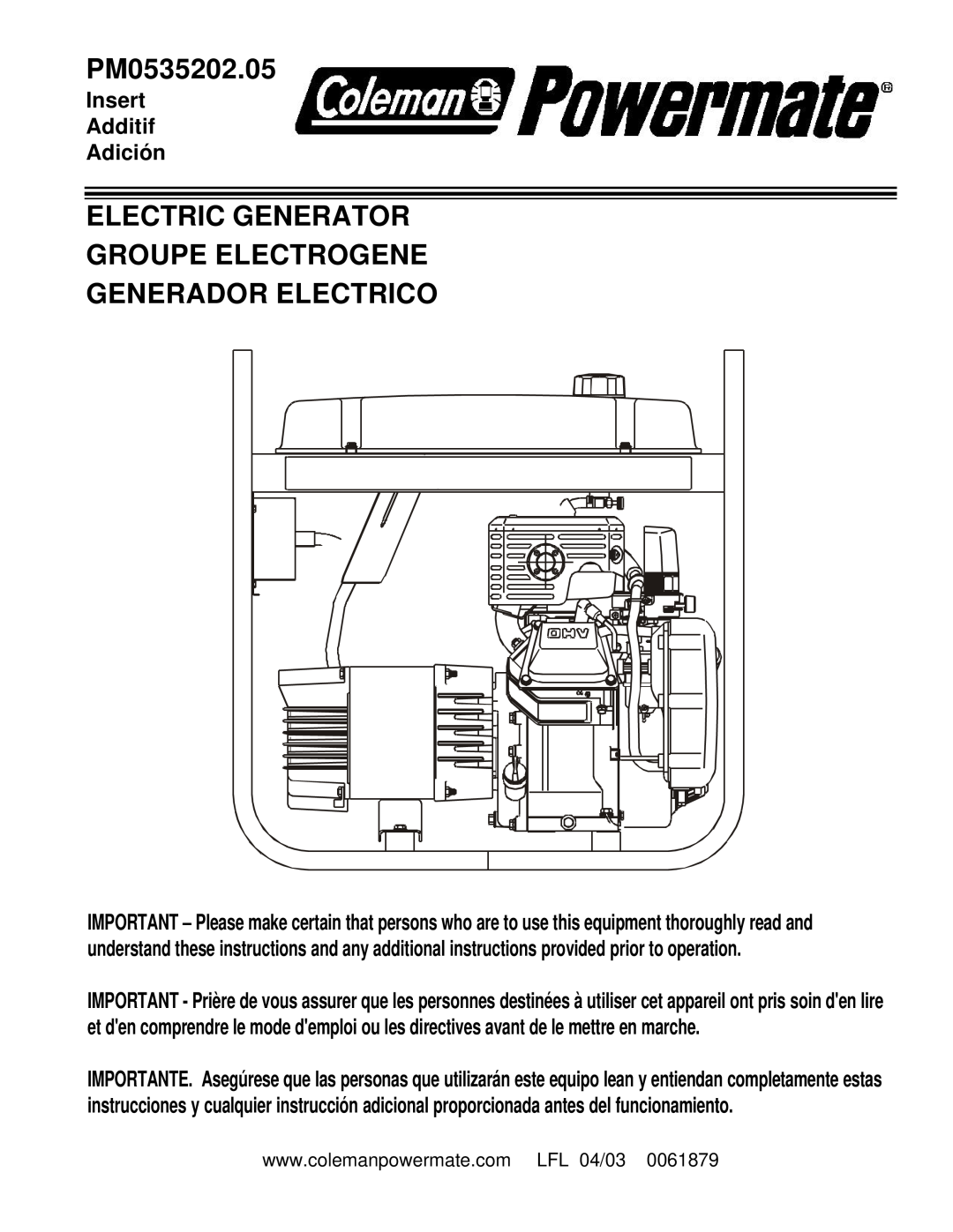 Powermate PM0535202.05 manual Electric Generator Groupe Electrogene, Generador Electrico, Insert Additif Adición 