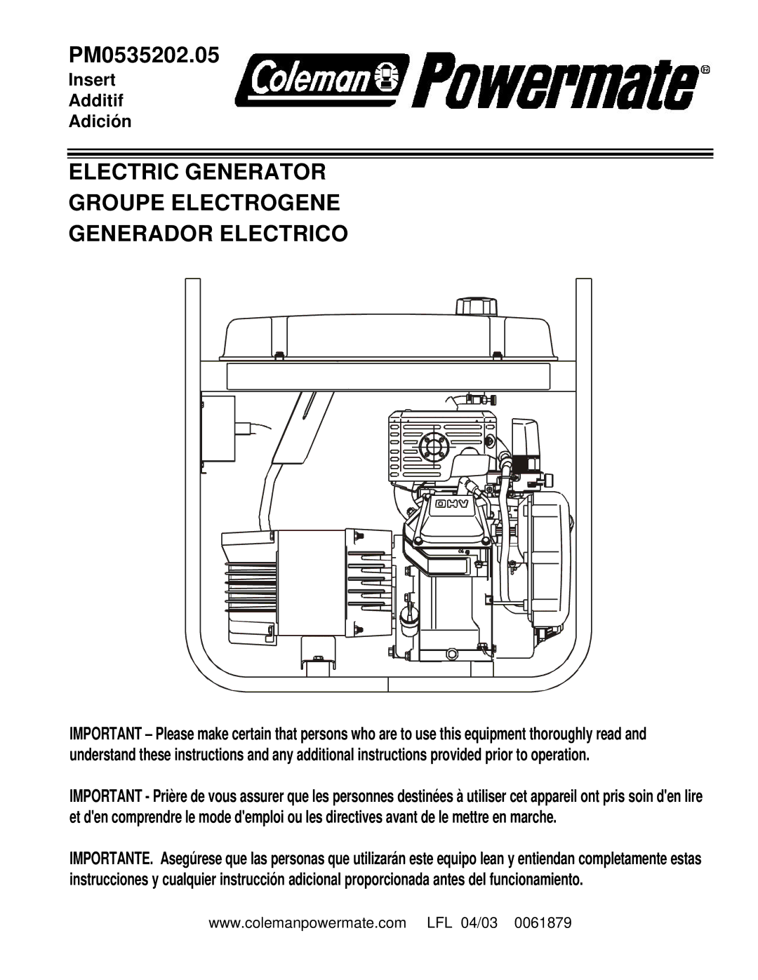 Powermate PM0535202.05 manual Electric Generator Groupe Electrogene Generador Electrico 