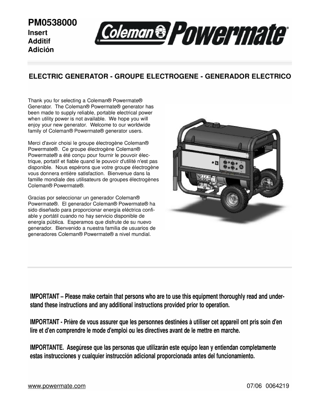 Powermate PM0538000 manual 