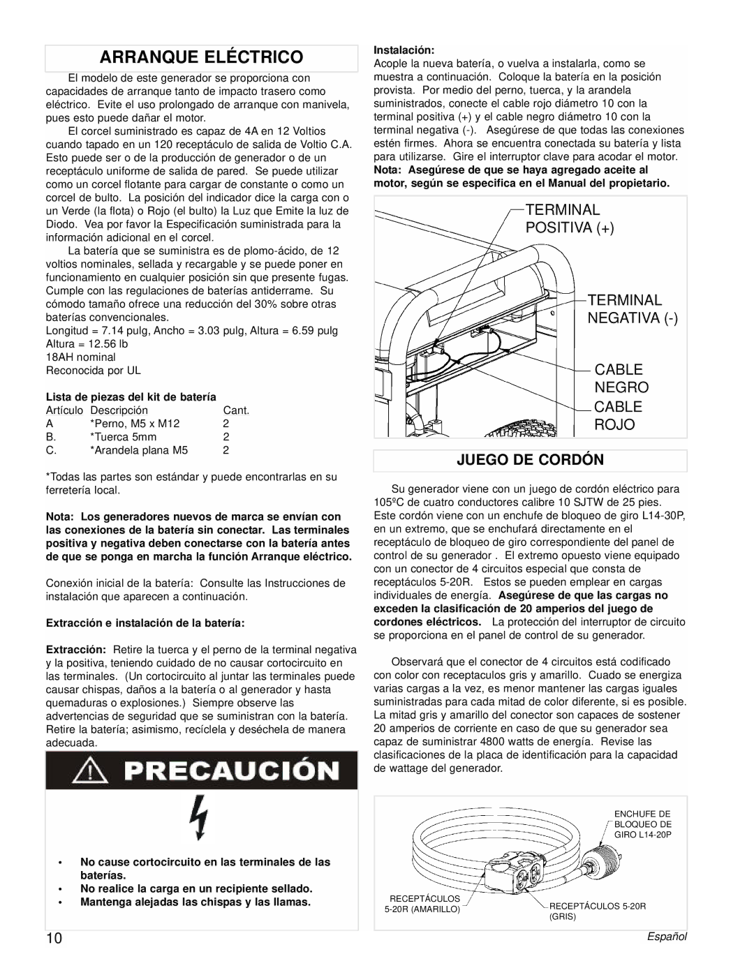 Powermate PM0538000 manual Arranque Eléctrico, Juego DE Cordón, Lista de piezas del kit de batería, Instalación 