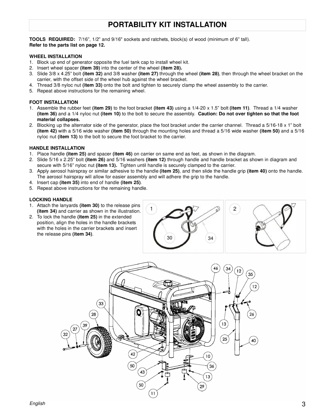 Powermate PM0538000 manual Portability KIT Installation, Wheel Installation, Foot Installation, Handle Installation 