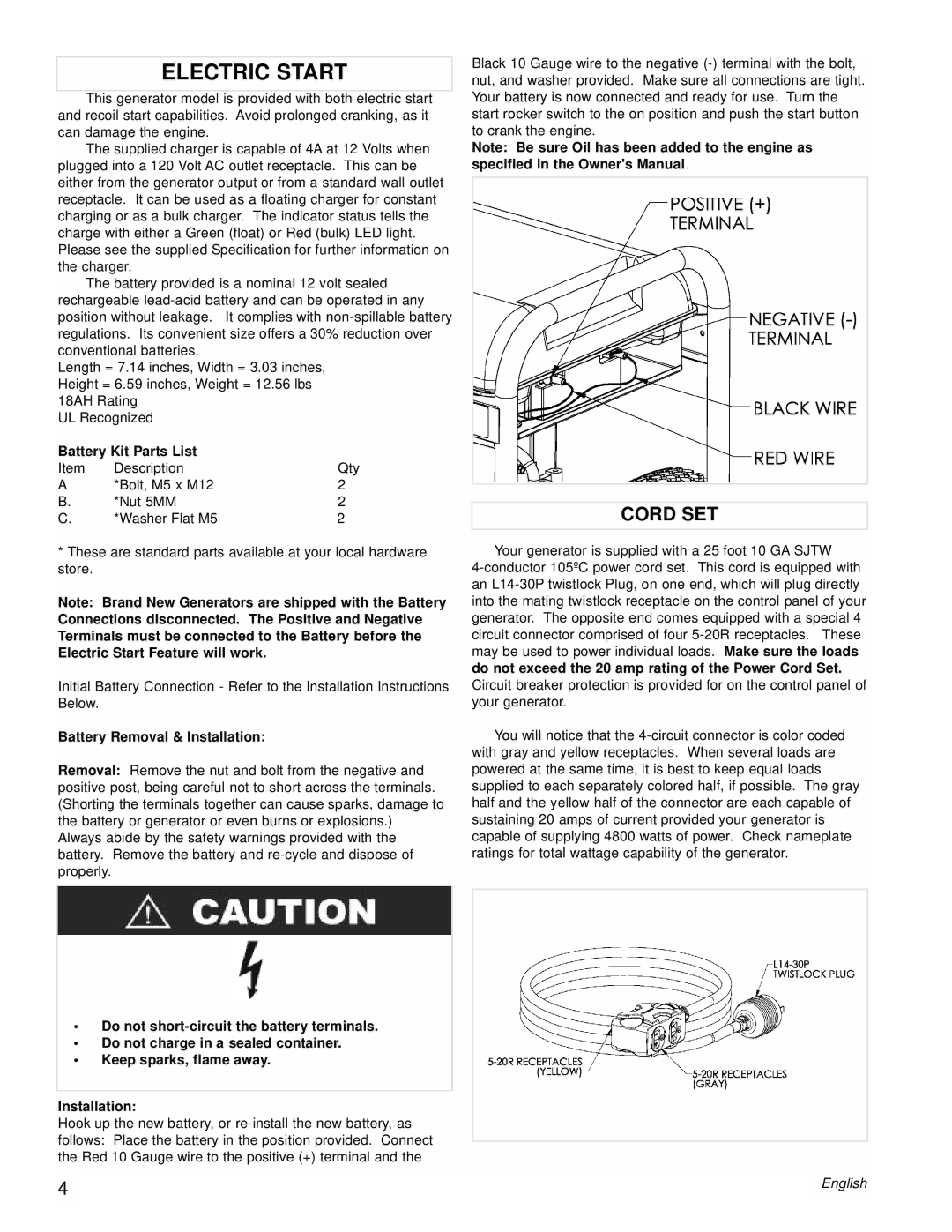 Powermate PM0538000 manual Electric Start, Cord SET, Battery Kit Parts List, Battery Removal & Installation 