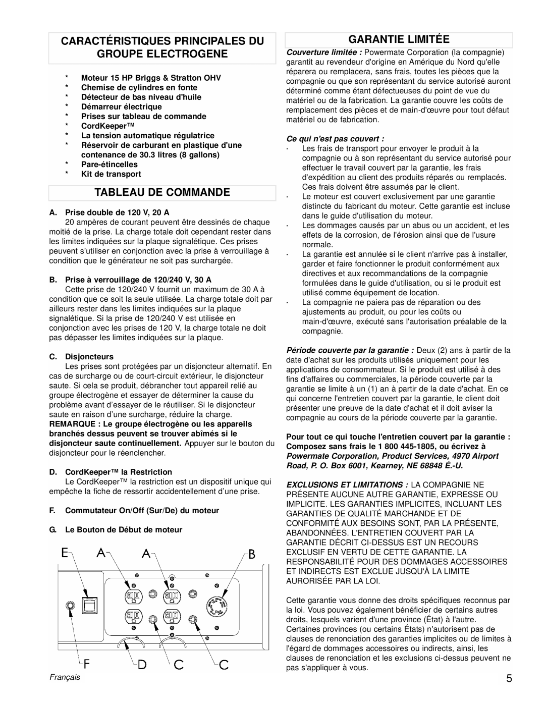 Powermate PM0538000 manual Caractéristiques Principales DU Groupe Electrogene, Tableau DE Commande, Garantie Limitée 