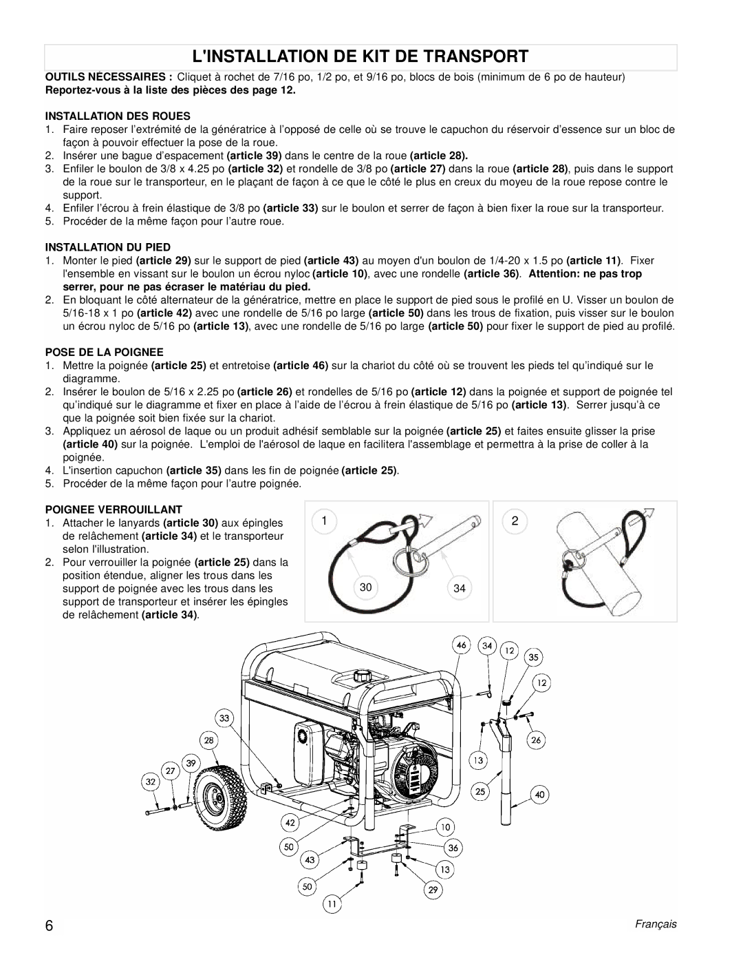 Powermate PM0538000 Linstallation DE KIT DE Transport, Installation DES Roues, Installation DU Pied, Pose DE LA Poignee 