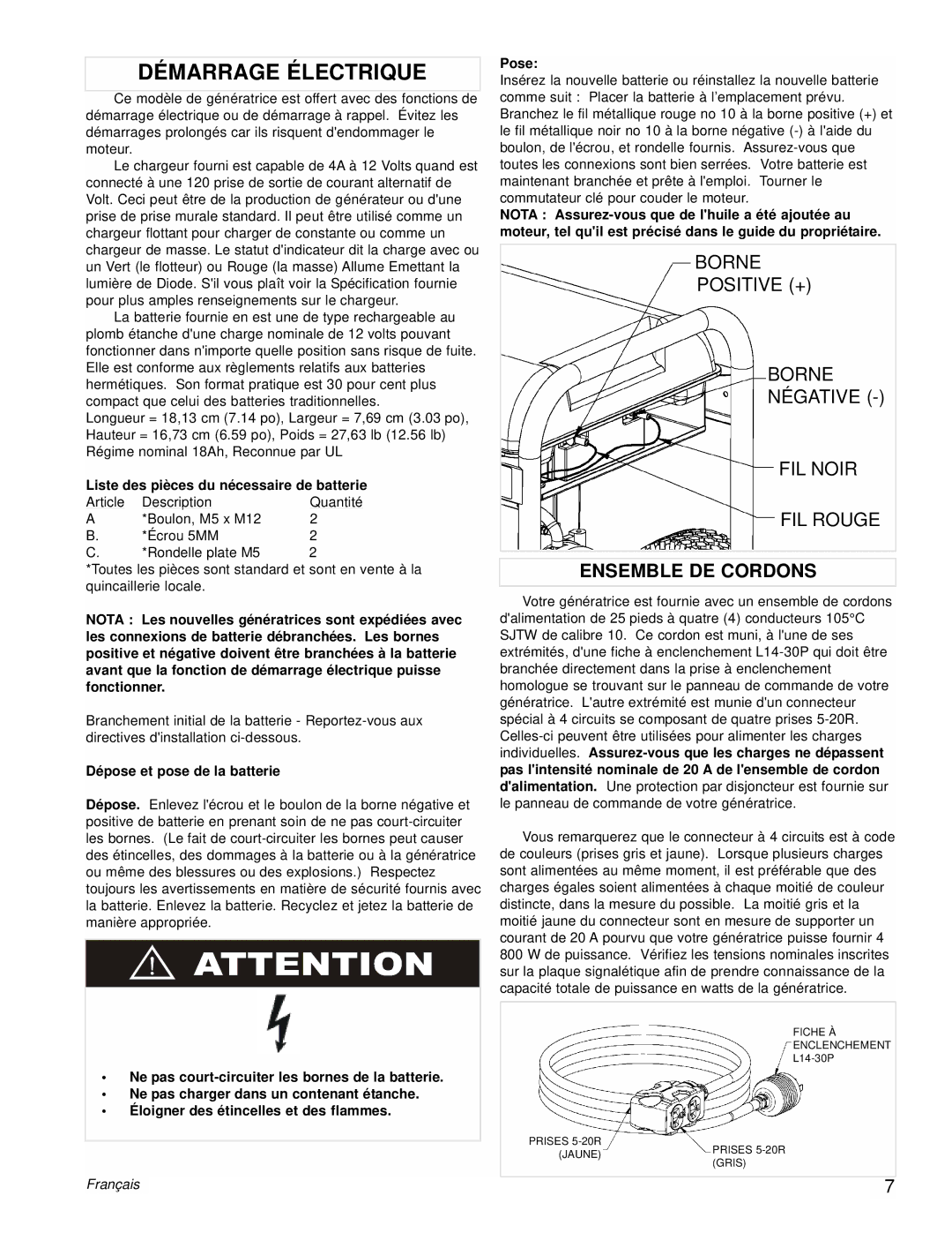 Powermate PM0538000 manual Démarrage Électrique, Ensemble DE Cordons, Liste des pièces du nécessaire de batterie, Pose 