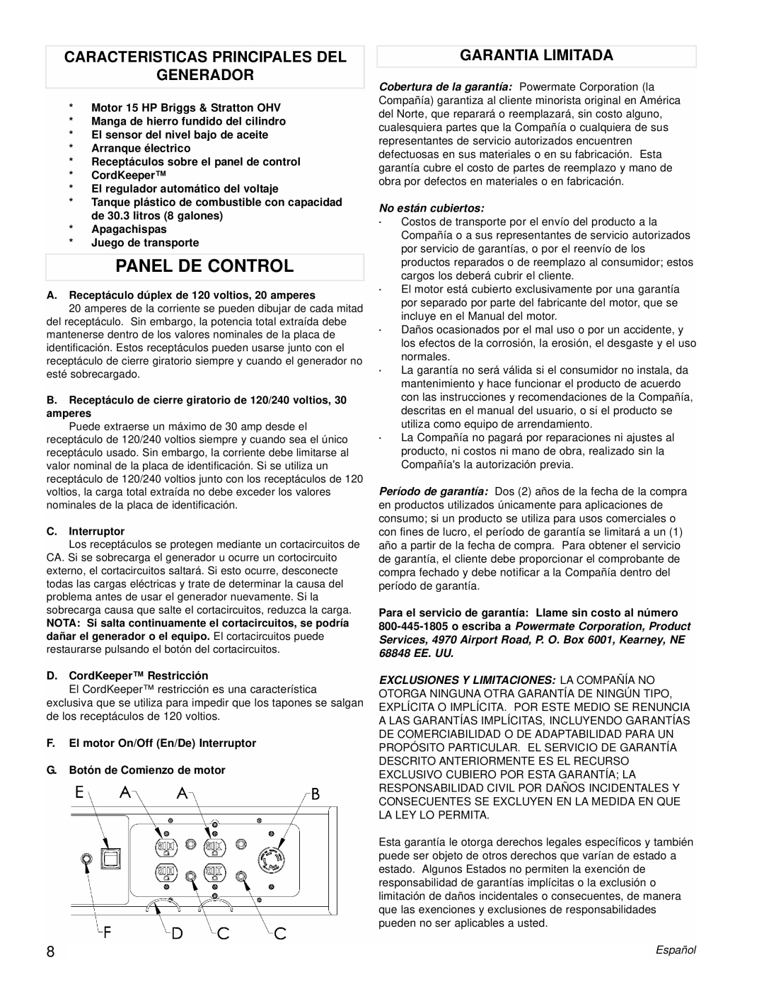 Powermate PM0538000 manual Panel DE Control, Caracteristicas Principales DEL Generador, Garantia Limitada, Interruptor 