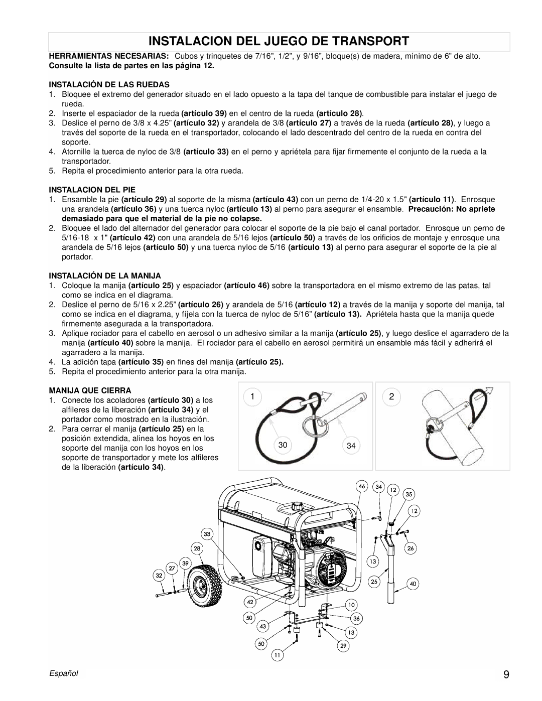 Powermate PM0538000 Instalacion DEL Juego DE Transport, Instalación DE LAS Ruedas, Instalacion DEL PIE, Manija QUE Cierra 