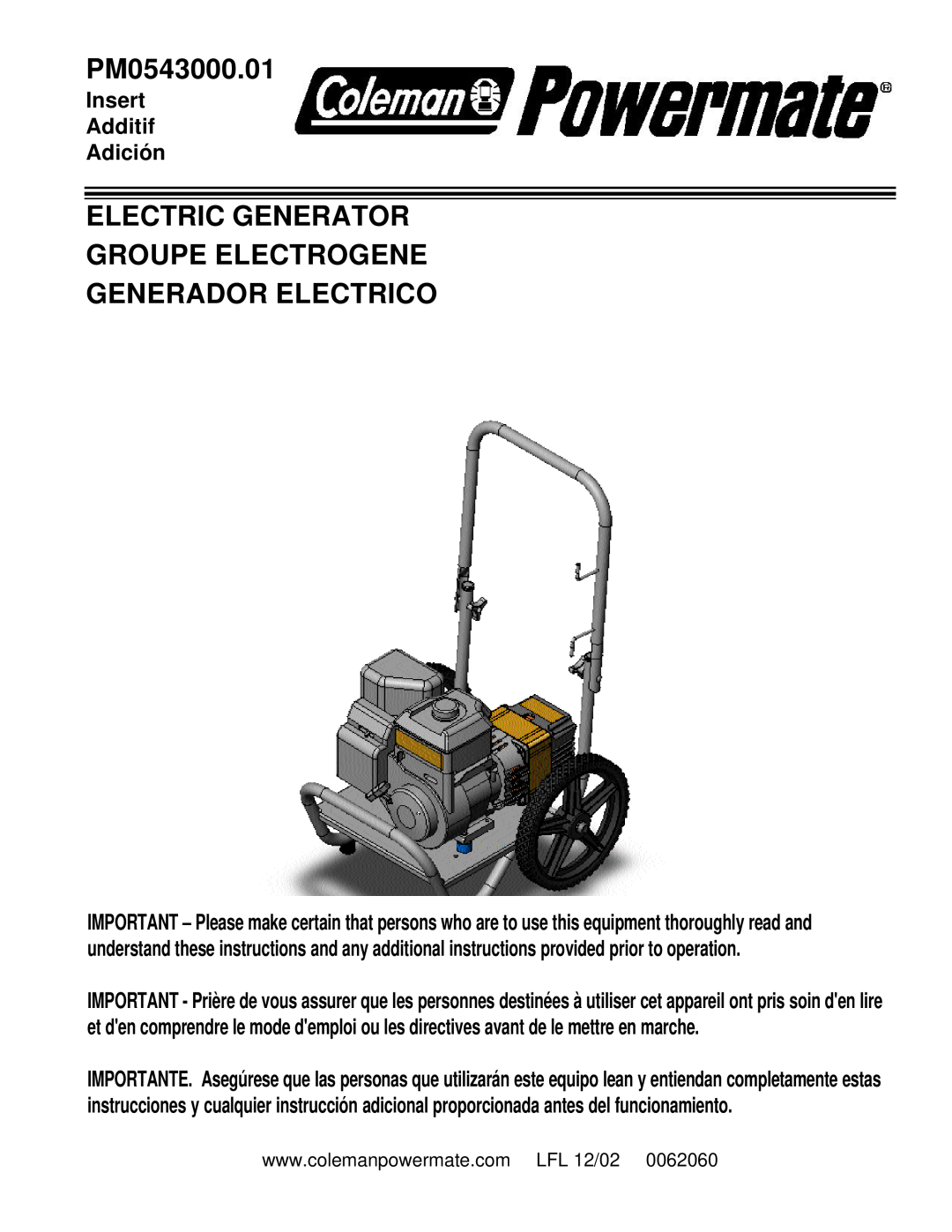 Powermate PM0543000.01 manual Electric Generator Groupe Electrogene, Generador Electrico, Insert Additif Adición 