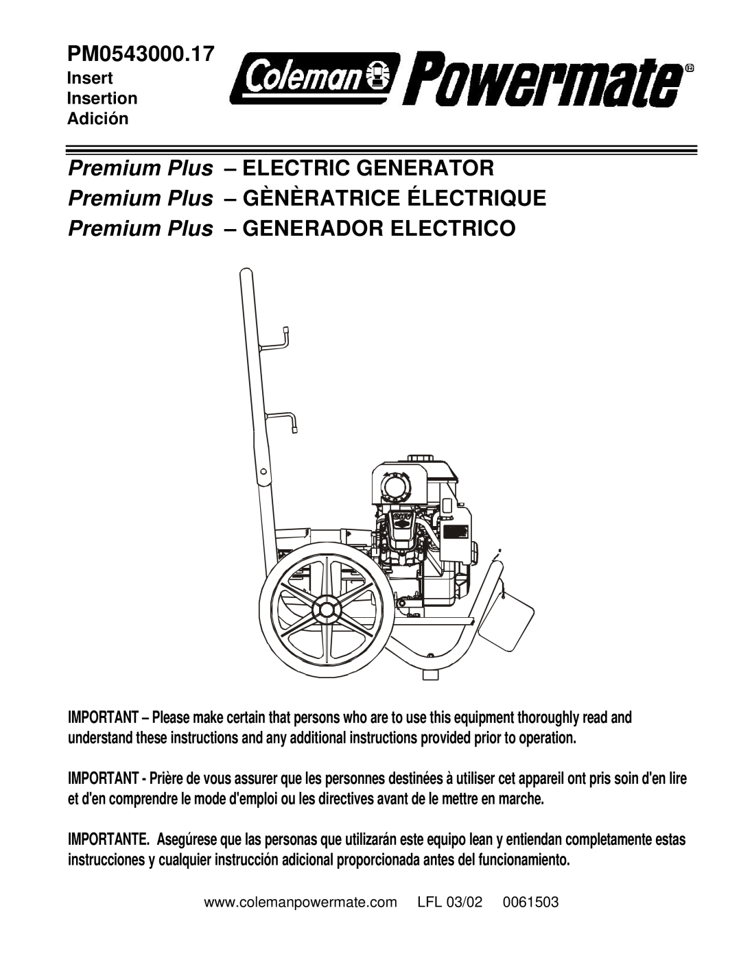Powermate PM0543000.17 manual Premium Plus - ELECTRIC GENERATOR, Premium Plus - GÈNÈRATRICE ÉLECTRIQUE 
