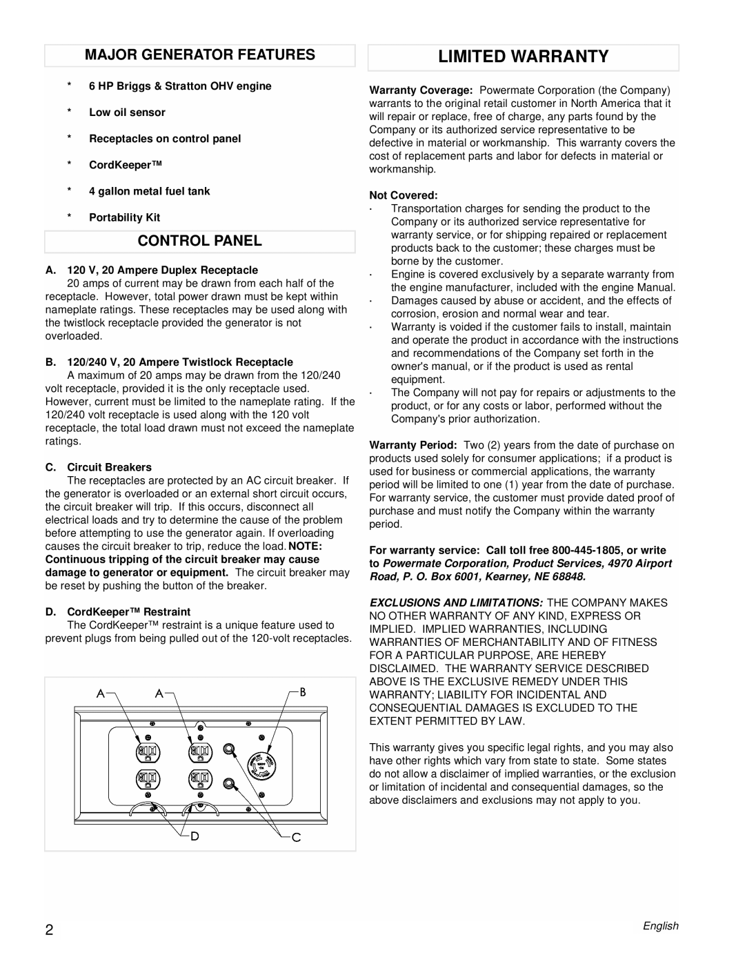 Powermate PM0543250.01 manual Limited Warranty, Major Generator Features, Control Panel 