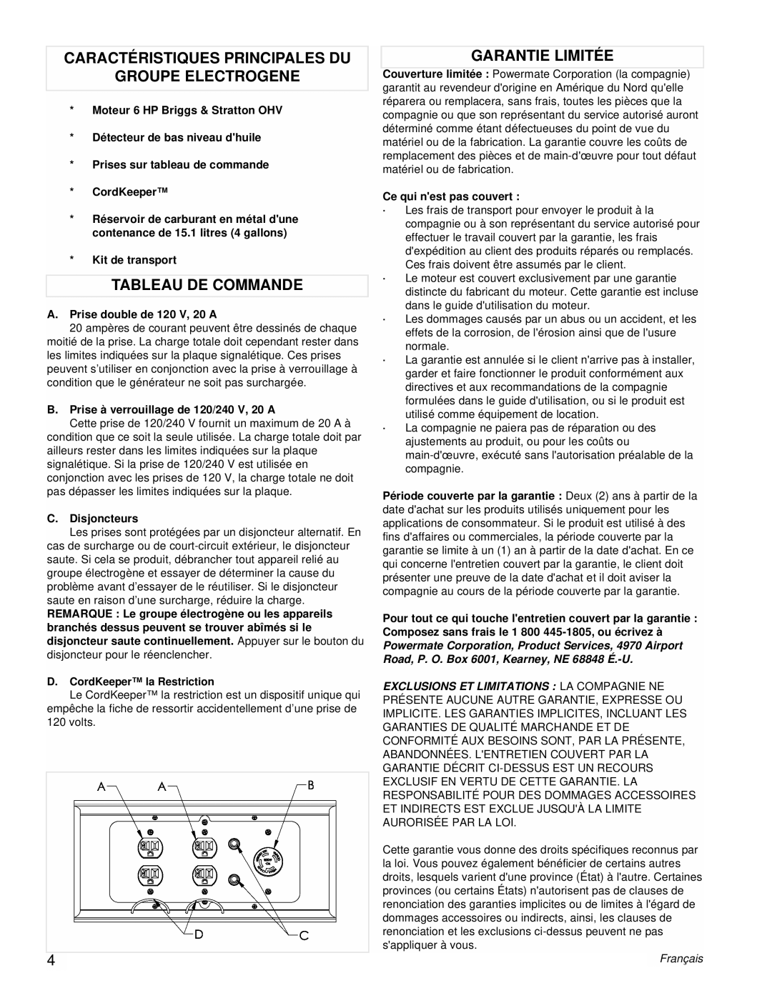 Powermate PM0543250.01 manual Caractéristiques Principales DU Groupe Electrogene, Tableau DE Commande, Garantie Limitée 