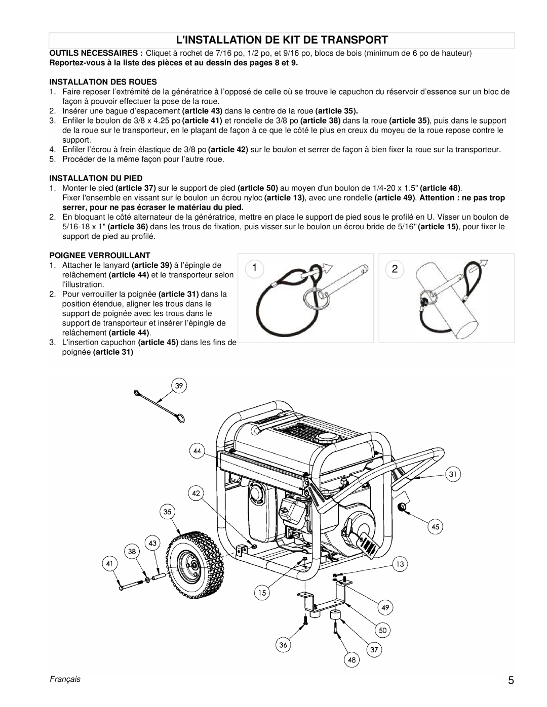 Powermate PM0543250.01 manual Linstallation DE KIT DE Transport, Installation DES Roues, Installation DU Pied 