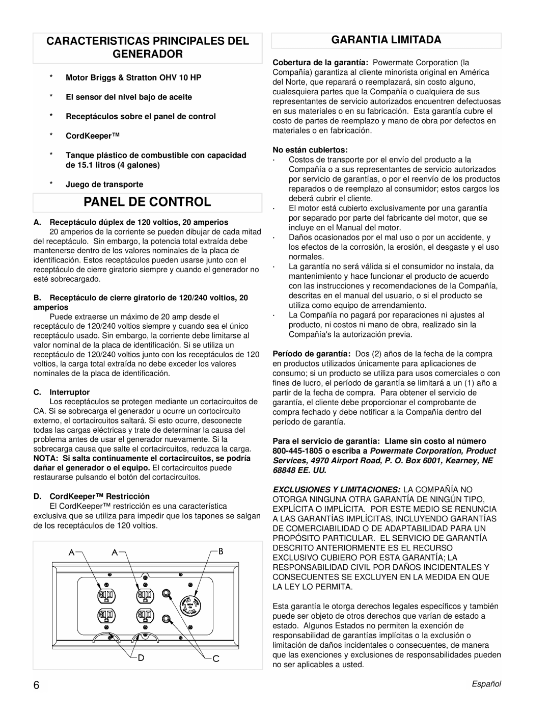 Powermate PM0543250.01 manual Panel DE Control, Caracteristicas Principales DEL Generador, Garantia Limitada, Interruptor 