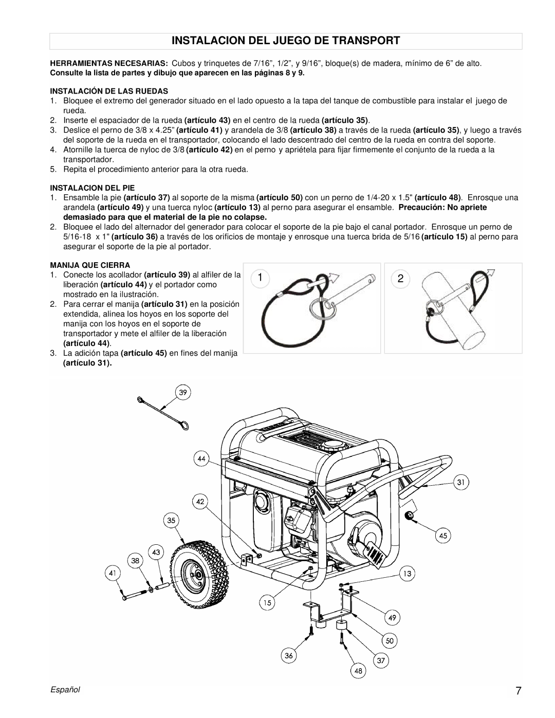 Powermate PM0543250.01 manual Instalacion DEL Juego DE Transport, Artículo, La adición tapa artículo 45 en fines del manija 