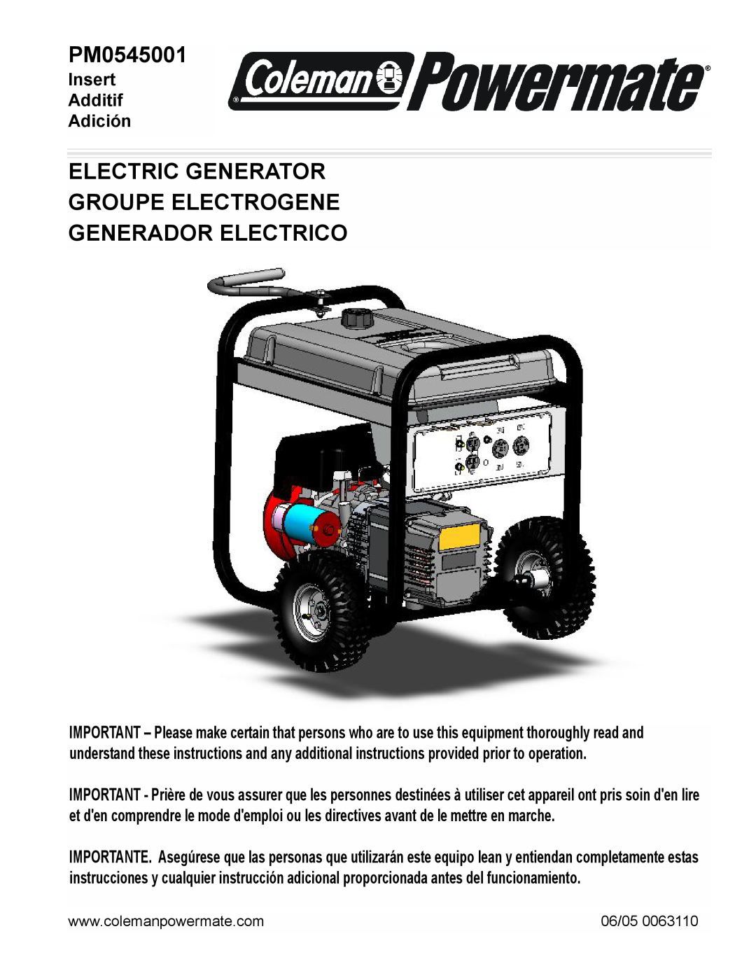 Powermate PM0545001 manual Electric Generator Groupe Electrogene Generador Electrico, Insert Additif Adición, 06/05 