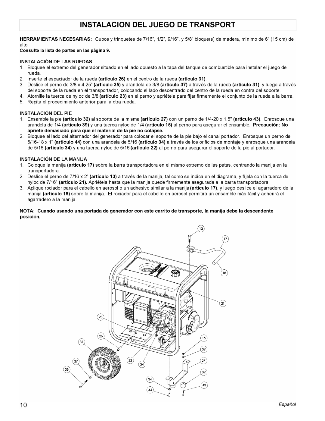 Powermate PM0545001 manual Instalacion Del Juego De Transport, Instalación De Las Ruedas, Instalación Del Pie 