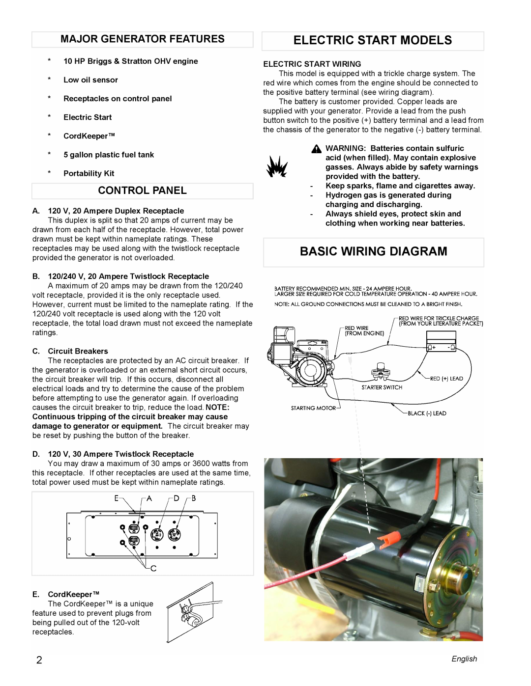 Powermate PM0545001 manual Electric Start Models, Basic Wiring Diagram, Major Generator Features, Control Panel, English 