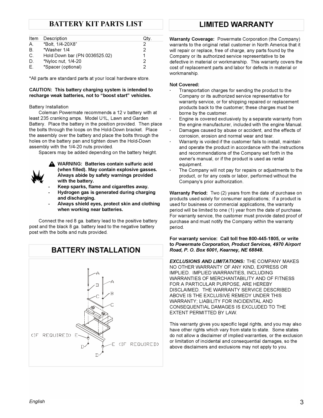 Powermate PM0545001 manual Limited Warranty, Battery Installation, Battery Kit Parts List, English 