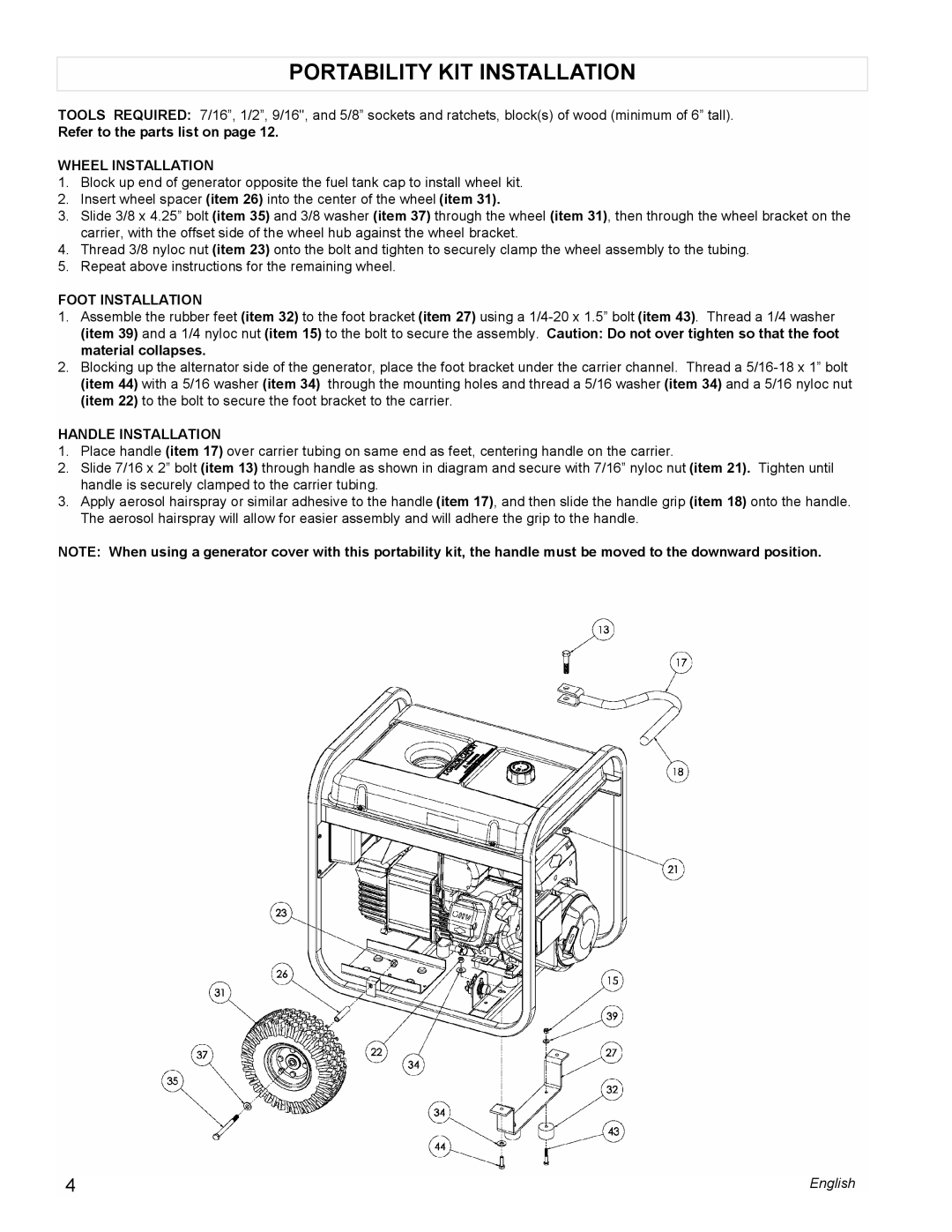 Powermate PM0545001 Portability Kit Installation, Refer to the parts list on page WHEEL INSTALLATION, Foot Installation 