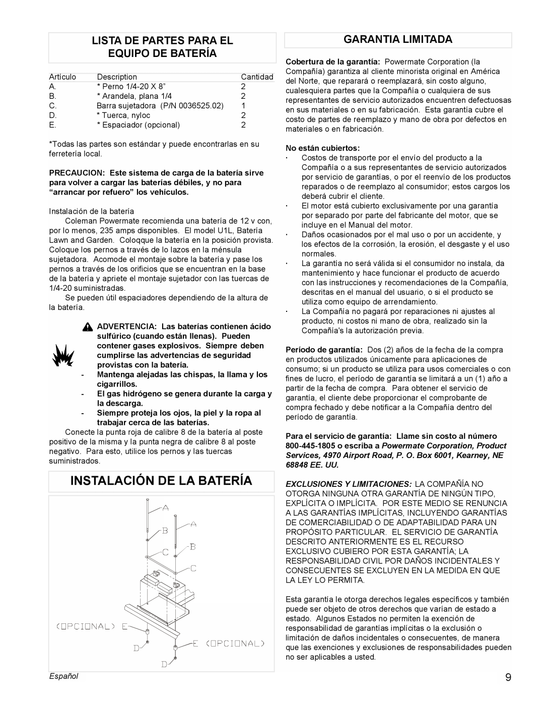 Powermate PM0545001 manual Instalación De La Batería, Lista De Partes Para El Equipo De Batería, Garantia Limitada, Español 