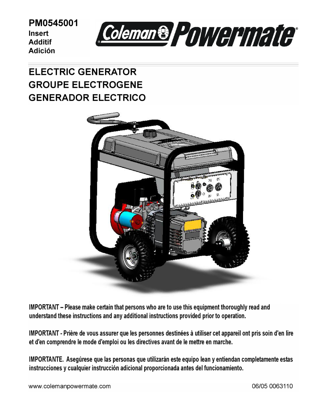 Powermate PM0545001 manual Electric Generator Groupe Electrogene Generador Electrico 