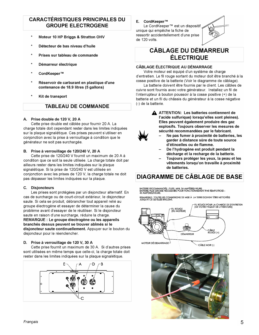 Powermate PM0545001 manual Câblage DU Démarreur Électrique, Diagramme DE Câblage DE Base, Tableau DE Commande 