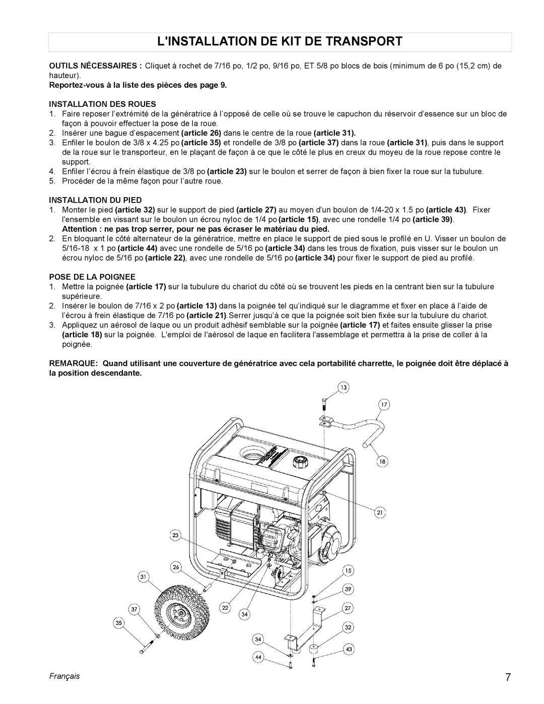 Powermate PM0545001 Linstallation DE KIT DE Transport, Reportez-vous à la liste des pièces des, Installation DES Roues 