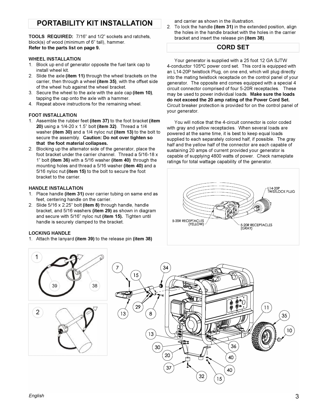 Powermate PM0545002 manual Portability Kit Installation, Cord Set, English 