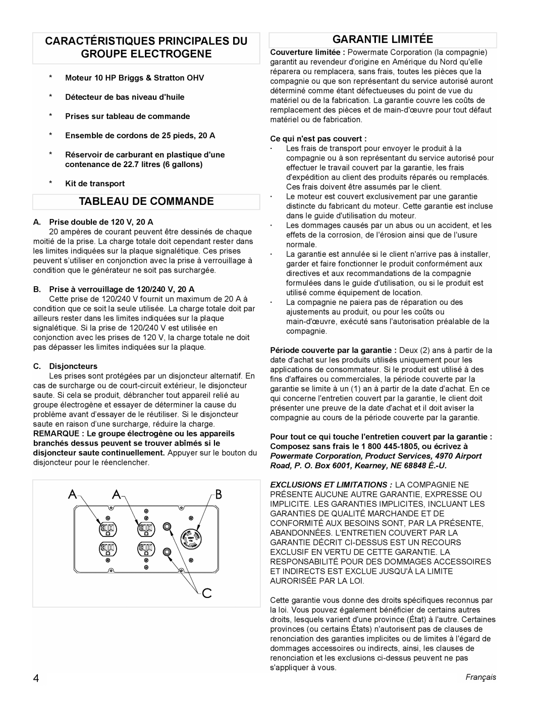 Powermate PM0545002 Caractéristiques Principales Du, Groupe Electrogene, Tableau De Commande, Garantie Limitée, Français 
