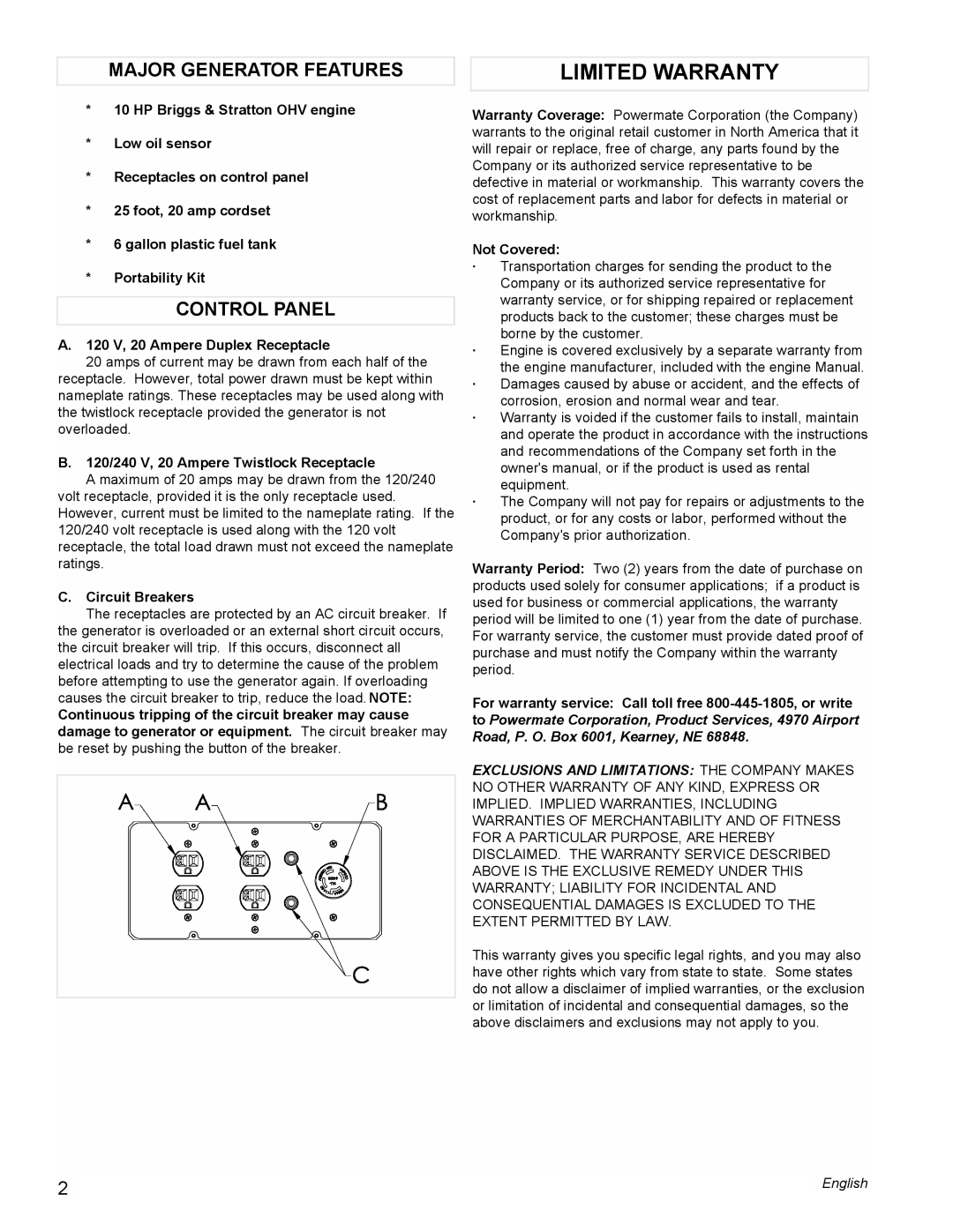 Powermate PM0545002 manual Limited Warranty, Major Generator Features, Control Panel 