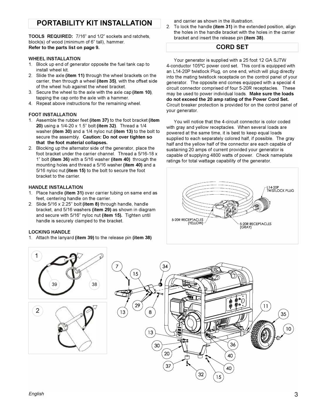 Powermate PM0545002 manual Portability KIT Installation, Cord SET 