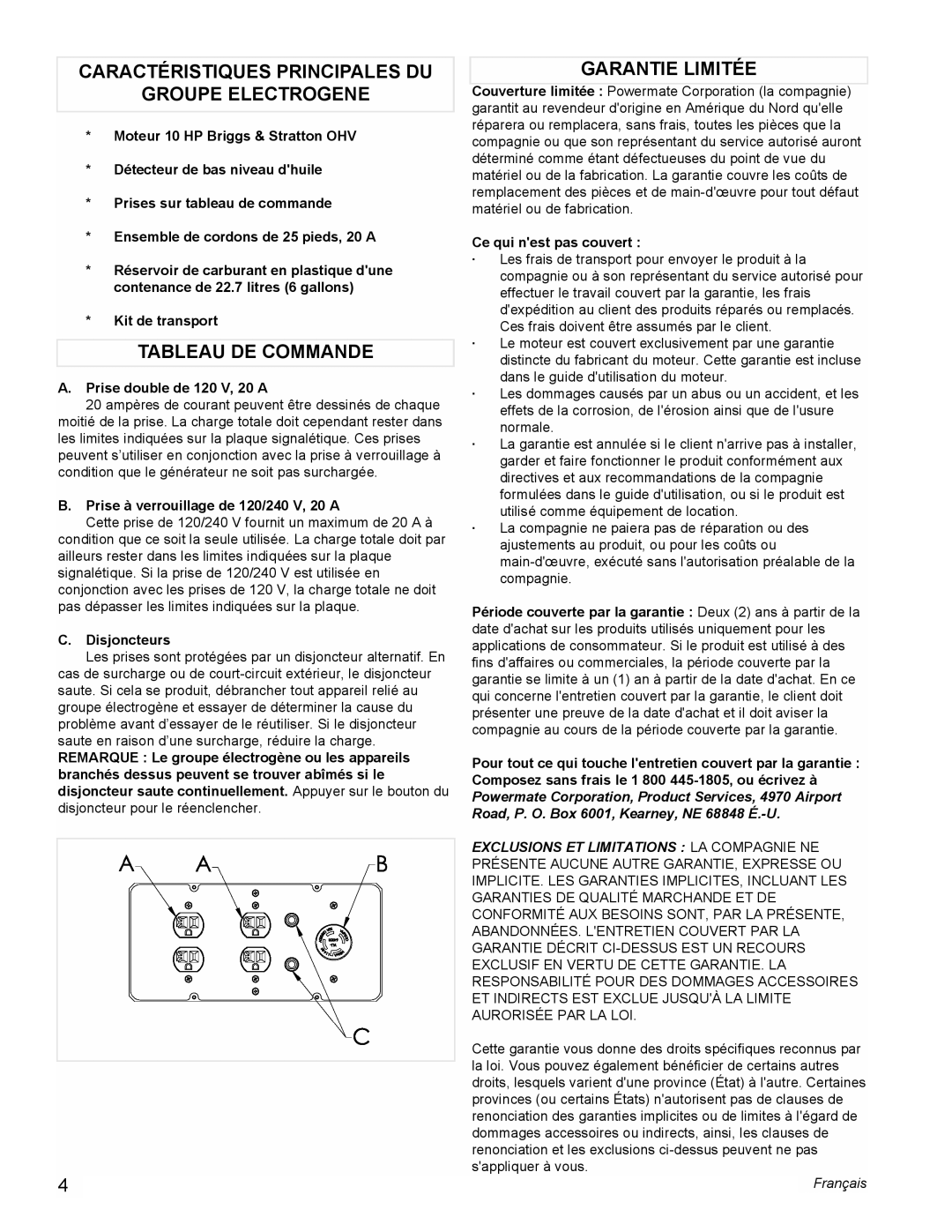 Powermate PM0545002 manual Caractéristiques Principales DU Groupe Electrogene, Tableau DE Commande, Garantie Limitée 