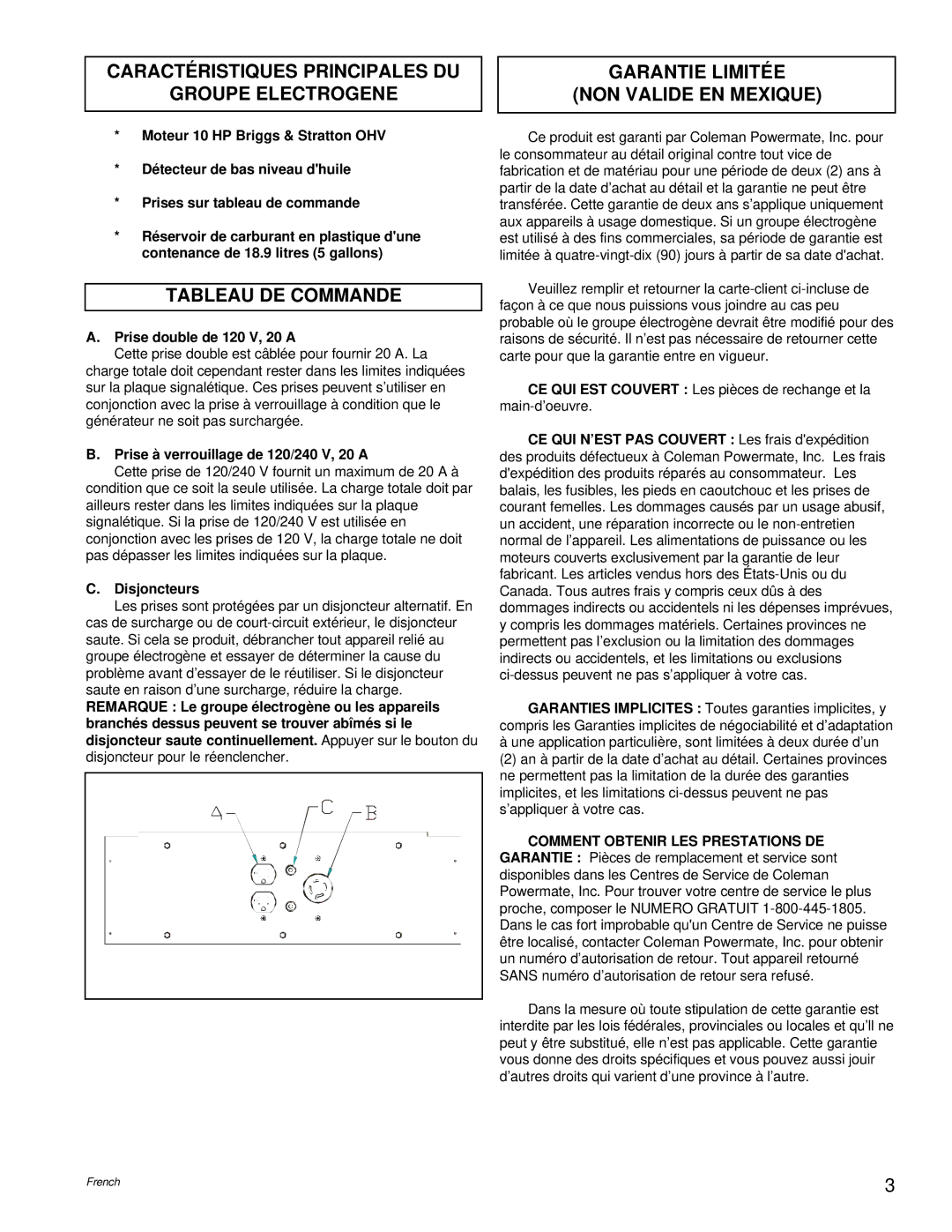 Powermate PM0545004.01 manual Caractéristiques Principales DU Groupe Electrogene, Tableau DE Commande 