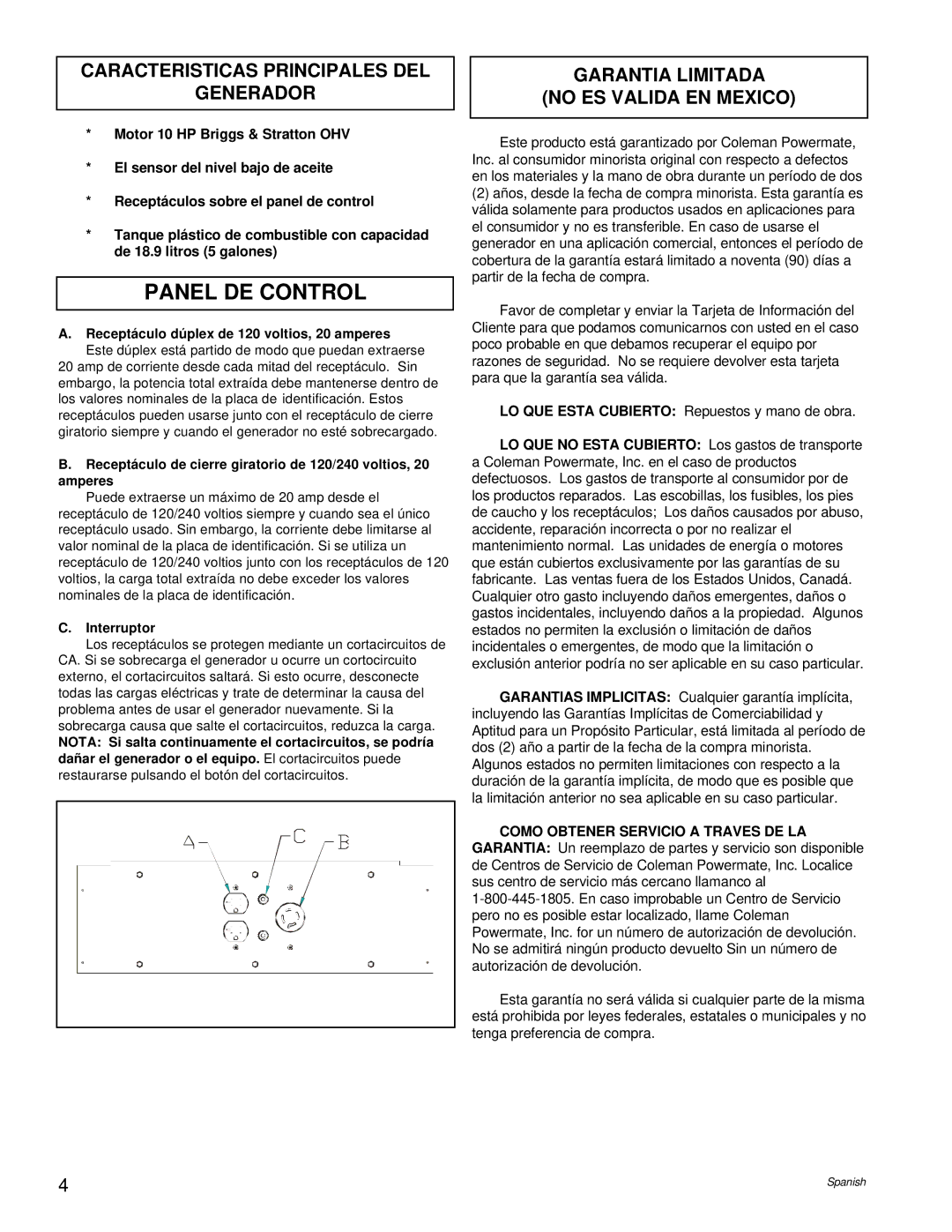 Powermate PM0545004.01 manual Panel DE Control, Caracteristicas Principales DEL Generador, Interruptor 