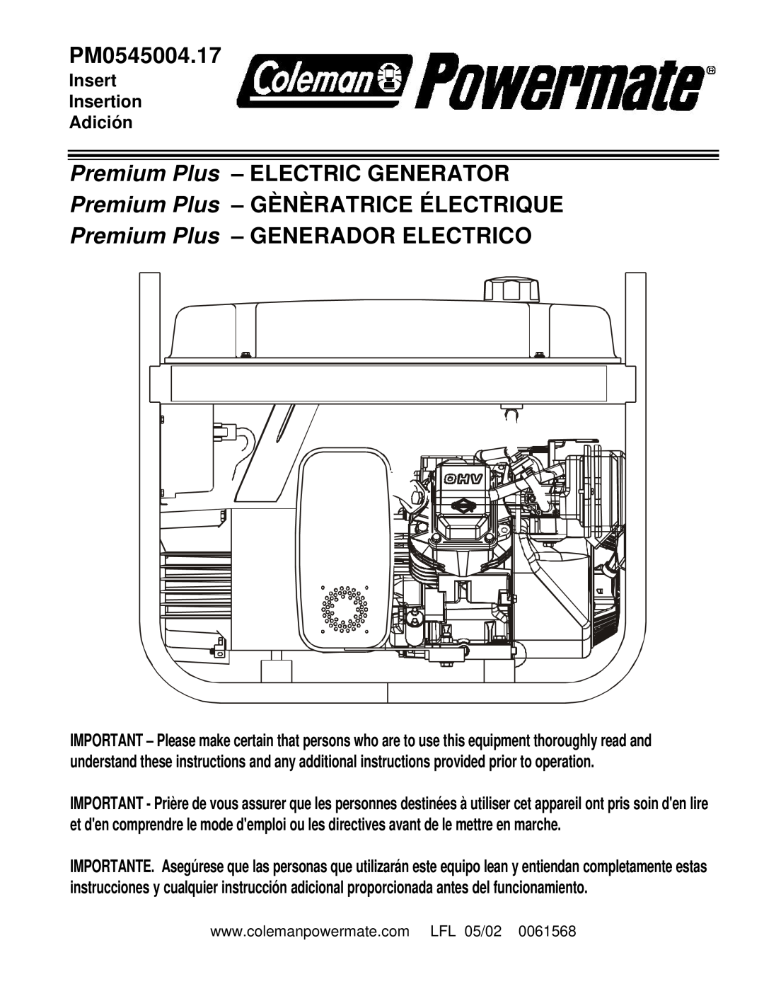 Powermate PM0545004.17 manual Premium Plus - ELECTRIC GENERATOR, Premium Plus - GÈNÈRATRICE ÉLECTRIQUE 