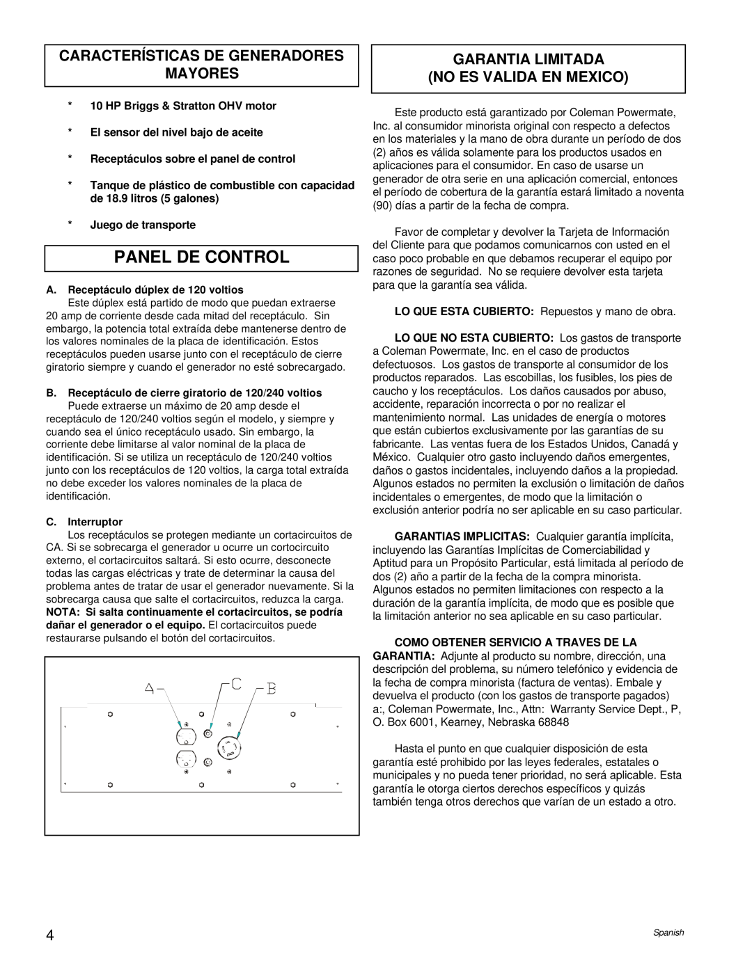 Powermate PM0545004.17 Panel De Control, Características De Generadores Mayores, Garantia Limitada No Es Valida En Mexico 