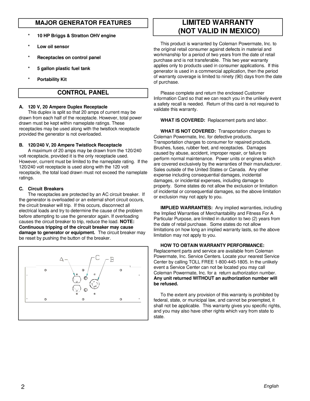 Powermate PM0545004.17 manual Limited Warranty not Valid in Mexico, Major Generator Features, Control Panel 