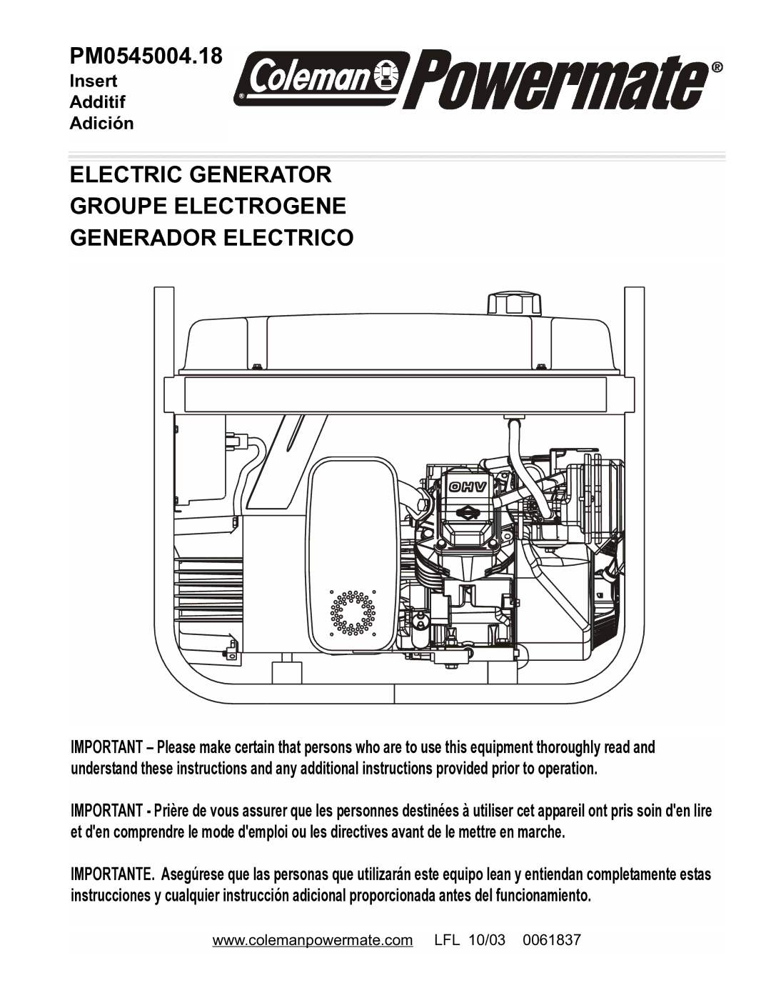 Powermate PM0545004.18 manual Electric Generator Groupe Electrogene Generador Electrico 